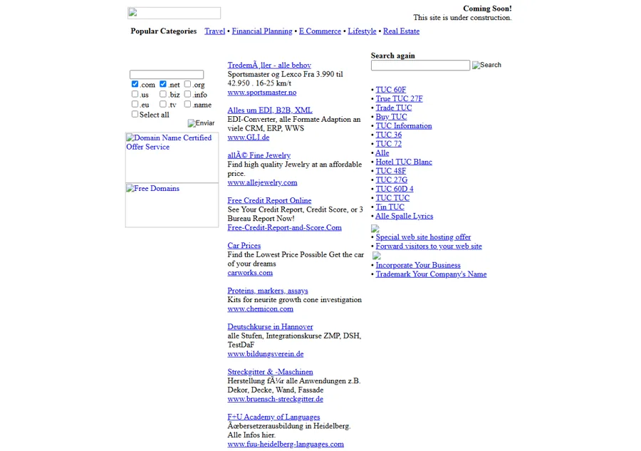 Captura de tucalle.com en 2007: página de aparcamiento con anuncios