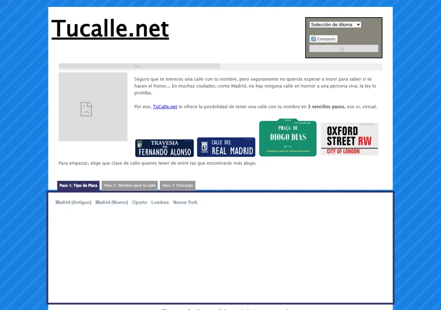 Captura de 2010: Tucalle.net, generador de placas de calle sobre fondo azul