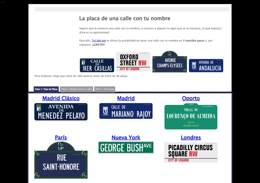 Captura de 2012: fondo negro con galería de placas de varias ciudades